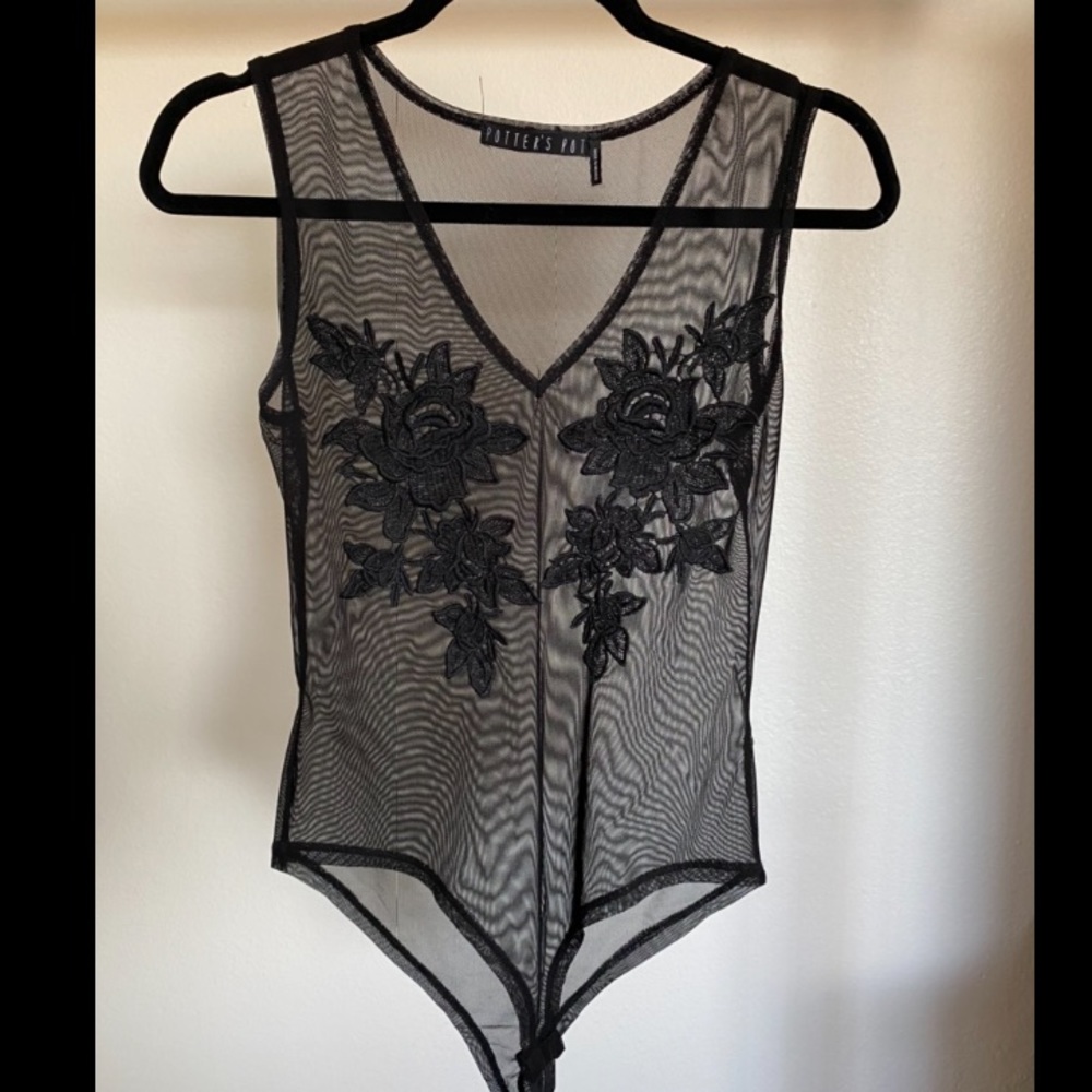 Black Mesh Floral Embroidered Bodysuit